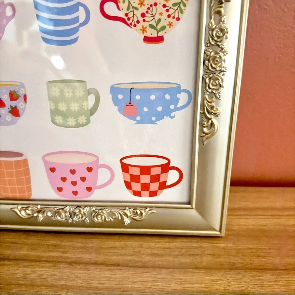 Colorful Tea Cup Canvas Art Print Kitchen Coffee Mug Silver Floral Framed Art
